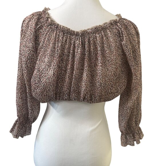 Polly Leopard Print Off-Shoulder Smocked Hem Long Sleeve Crop Top Woman's Size 2 - Picture 3 of 8